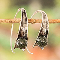 Jade drop earrings, 'Green Shadow Vitality' - Modern Silver Drop Earrings with Dark Green Jade Stones