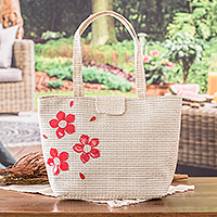 Applique tote bag, 'Floral Tenderness' - Beige and Brown Tote Bag with Red Floral Applique Accents