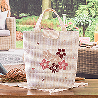 Handmade tote bag, 'Blooming Ecru' - Spring-Themed Floral Ecru Beige Tote Bag from Costa Rica