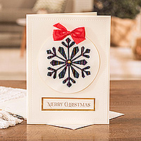 Christmas greeting card, 'Festive Tenderness' - Handmade Red Ribbon Snowflake-Themed Christmas Greeting Card