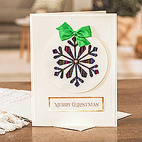 Christmas greeting card, 'Festive Jubilation' - Snowflake-Themed Christmas Greeting Card with Green Ribbon