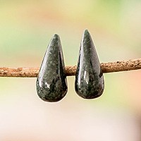 Jade button earrings, 'Proud Dew' - Drop-Shaped Dark Green Jade Button Earrings from Guatemala