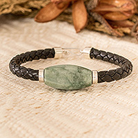 Men’s jade pendant bracelet, 'Bold Essence' - Men's Silver Cord Bracelet with Apple Green Jade Pendant