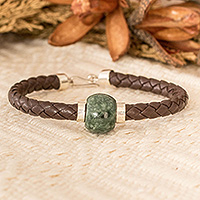 Jade pendant bracelet, 'Valiant Nucleus' - Braided Faux Leather Pendant Bracelet with Green Jade Jewel