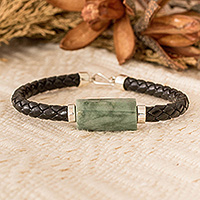 Jade pendant bracelet, 'Spirited Freedom' - Handcrafted Faux Leather and Jade Braided Pendant Bracelet