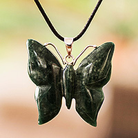 Jade pendant necklace, 'Butterfly Bliss' - Light Green Jade Butterfly Pendant Necklace with Cotton Cord