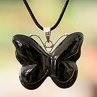 Jade pendant necklace, 'Butterfly Harmony' - Green Jade Butterfly Pendant Necklace with Silver Accents