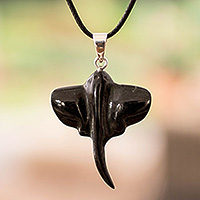 Jade pendant necklace, 'Sea Legend' - Dark Green Jade Sterling Silver Manta Ray Pendant Necklace