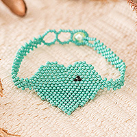 Beaded pendant bracelet, 'Aqua Love Inspiration' - Handcrafted Beaded Heart-Themed Pendant Bracelet in Aqua