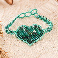 Beaded pendant bracelet, 'Turquoise Love Inspiration' - Beaded Pendant Bracelet in Turquoise with Heart Motif