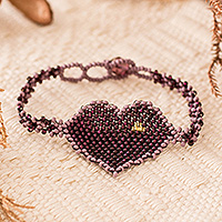 Beaded pendant bracelet, 'Purple Love Inspiration' - Purple-Hued Adjustable Beaded Heart Pendant Bracelet