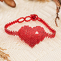 Beaded pendant bracelet, 'Red Love Inspiration' - Heart-Themed Adjustable Beaded Pendant Bracelet in Red