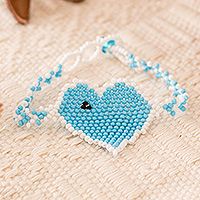 Beaded pendant bracelet, 'Sky Blue Love Inspiration' - Light Blue White Adjustable Beaded Heart Pendant Bracelet