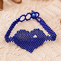 Beaded pendant bracelet, 'Cobalt Love Inspiration' - Handcrafted Heart-Themed Beaded Pendant Bracelet in Blue Hue