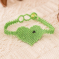 Beaded pendant bracelet, 'Green Love Inspiration' - Adjustable Beaded Pendant Bracelet in Green with Heart Motif