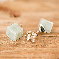 Jade button earrings, 'Green Cube' - Minimalist Apple Green Jade Silver Cube Button Earrings