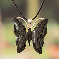 Jade pendant necklace, 'Butterfly Power' - Dark Green Jade Butterfly Pendant Necklace with Cotton Cord