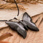 Jade pendant necklace, 'Butterfly Power' - Dark Green Jade Butterfly Pendant Necklace with Cotton Cord
