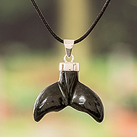 Jade pendant necklace, 'Puissant Fins' - Artisan-Made Whale-Themed Dark Green Jade Pendant Necklace