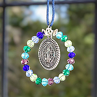 Crystal beaded suncatcher, 'Saint Benedict in Winter' - Winter-Themed Crystal Suncatcher with Saint Benedict Pendant