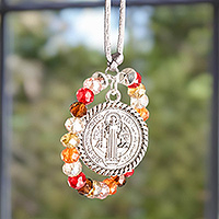 Crystal beaded suncatcher, 'Saint Benedict in Summer' - Summer-Themed Beaded Suncatcher with Saint Benedict Pendant