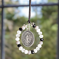 Crystal beaded suncatcher, 'Saint Benedict in Elysium' - Black and White Crystal Beaded Saint Benedict Suncatcher