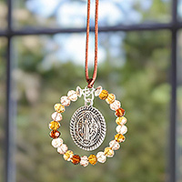 Crystal beaded suncatcher, 'Saint Benedict in Earth' - Crystal and Pewter Saint Benedict Suncatcher in Earthy Hues