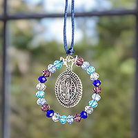 Crystal beaded suncatcher, 'Saint Benedict at Sea' - Blue and Purple Crystal and Pewter Saint Benedict Suncatcher