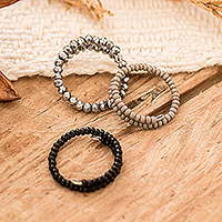 Crystal and glass beaded wrap rings, 'Nocturnal Glints' (set of 3) - 3-Piece Crystal and Glass Wrap Ring Set in a Night Palette