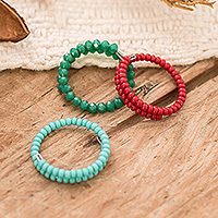 Crystal and glass beaded wrap rings, 'Reef Glints' (set of 3) - Set of 3 Crystal and Glass Bead Wrap Rings in Green and Red