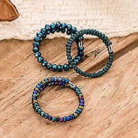 Crystal and glass beaded wrap rings, 'Dew Glints' (set of 3) - Set of 3 Crystal and Glass Beaded Rings in Teal and Blue