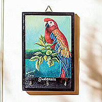 Wood key holder, 'The Macaw' - Artisan-Made Cedarwood Key Holder with Macaw Bird Portrait