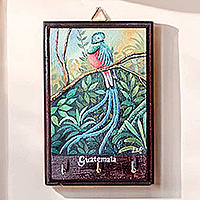 Wood key holder, 'Beautiful Plumage' - Hand-Painted Cedarwood Key Holder with Quetzal Bird Portrait