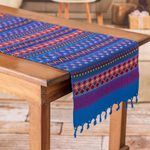 Cotton table runner, 'Azure Reef' - Guatemalan Hand-Woven Cotton Table Runner with Fringed Ends