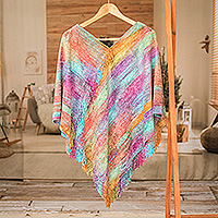 Cotton blend poncho, 'Pastel Dreams' - Pastel-Toned Handwoven Fringed Cotton and Rayon Blend Poncho