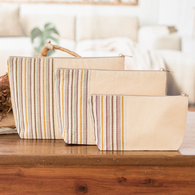 Cotton cosmetic bags, 'Joy of Color' (set of 3) - 3-Piece Hand-Loomed Striped Cotton Cosmetic Bag Set