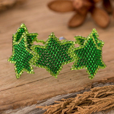 Beaded wristband bracelet, 'Emerald Starlight' - Green Handcrafted Beaded Wristband Bracelet with Star Design