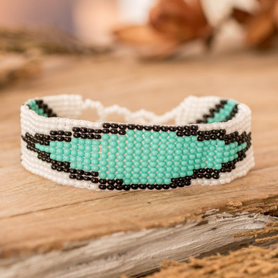 Beaded wristband bracelet, 'Vital Harmony' - Fair Trade Mint and White Glass Beaded Wristband Bracelet