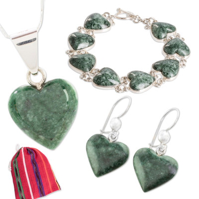 Curated gift set, 'Heart Connection' - 3-Piece Heart-Themed Jade Silver Curated Jewelry Gift Set
