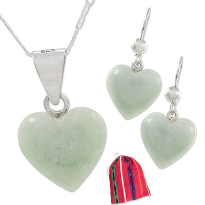 Curated gift set, 'Color of Love' - Heart-Themed Jade Silver Necklace Earrings Curated Gift Set
