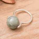 Jade cocktail ring, 'Minimalist Orb' - Modern Silver Ball Cocktail Ring with Light Green Jade Stone