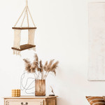 Macrame cotton and wood hanging shelf, 'Boho Spiral' - Geometric-Themed Macrame Cotton and Wood Hanging Shelf
