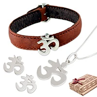 Curated gift set, 'Spiritual Travel' - Sterling Silver and Leather Om Jewelry Curated Gift Set