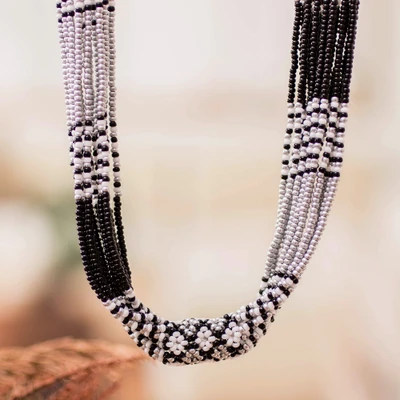 Long beaded torsade necklace, 'Black and Silver Harmony' - Black White and Silver Long Glass Beaded Torsade Necklace