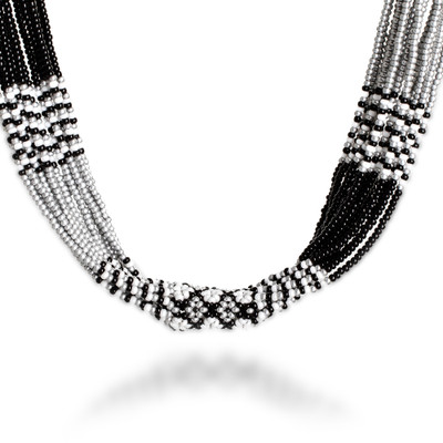 Long beaded torsade necklace, 'Black and Silver Harmony' - Black White and Silver Long Glass Beaded Torsade Necklace