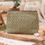 Cotton cosmetic bag, 'Green Ditsy' - Loomed Floral Green Cotton Cosmetic Bag with Leather Accent