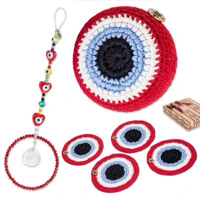 Curated gift set, 'Scarlet Protection' - Scarlet-Palette 100% Cotton and Nazar Beads Curated Gift Set