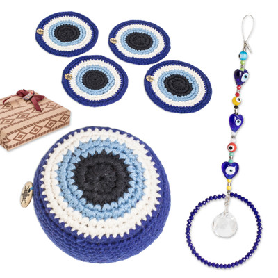 Curated gift set, 'Sapphire Protection' - Sapphire-Palette Cotton and Nazar Beads Curated Gift Set