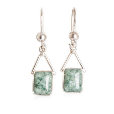 Jade dangle earrings, 'Mayan Peaks in Green' - Modern Geometric Light Green Jade Silver Dangle Earrings