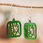 Reclaimed wood dangle earrings, 'Mayan Essence in Green' - Maya-Themed Hand-Carved Openwork Reclaimed Wood Earrings